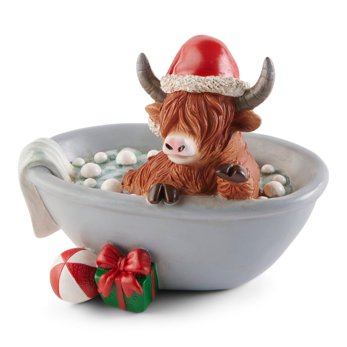 Holiday Bathing Highland Cow, 6.7-in x 4.5-in x 5.4-in.