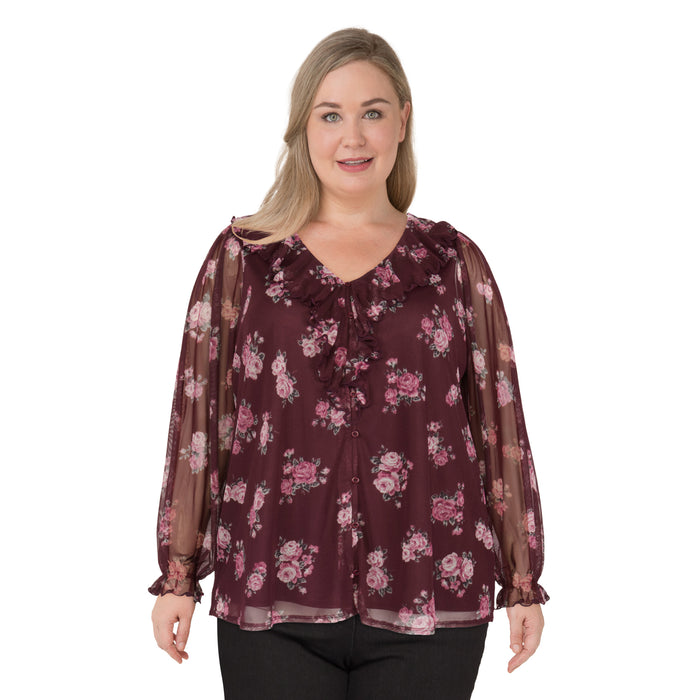 lily morgan Women's Plus V-Neck Top with Ruffles