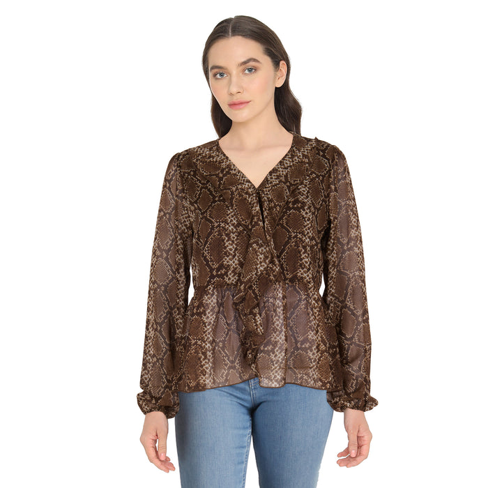lily morgan Women's Printed Ruffle Front Blouse