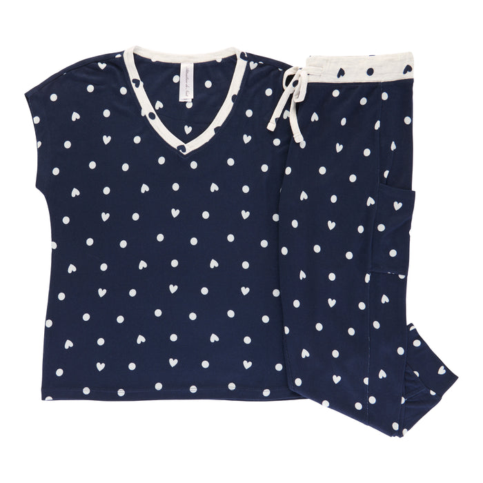 Pyjama capri en tissu hacci avec haut à manches courtes pour femmes, 2 pièces