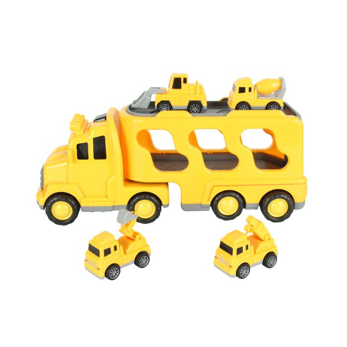 Ens. de camion de transport à 2 niveaux et de véhicules de chantier, 5 pièces