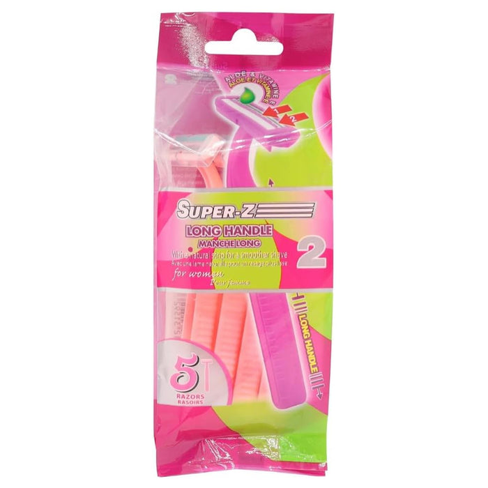 Super-Z Long Handle Disposable Razors, 5-Pack, Pink