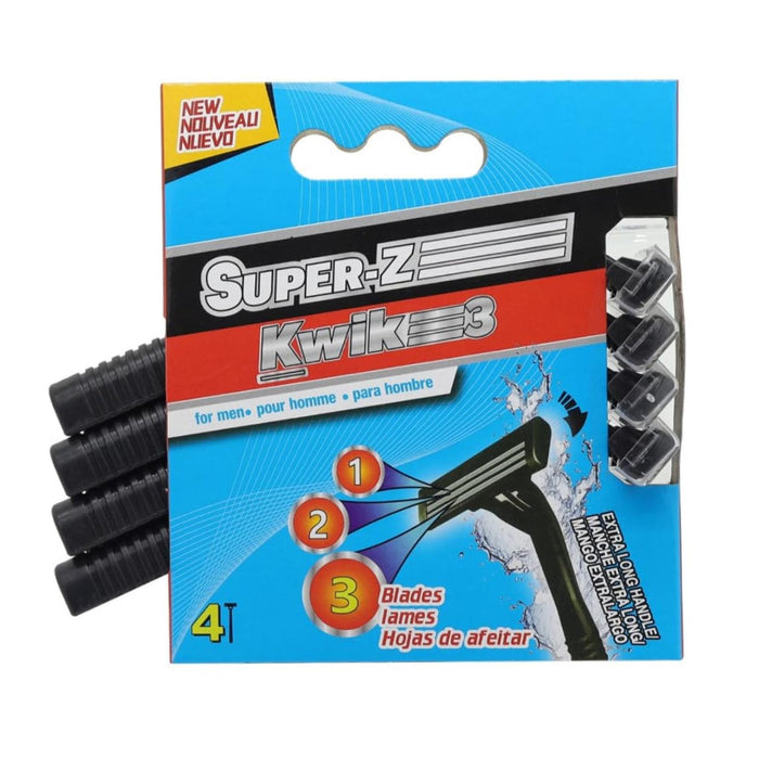 Super-Z Kwik 3 Extra Long Handle Disposable Razors, 4-Pack