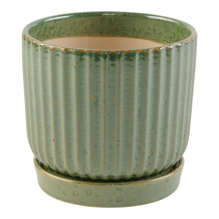 Ribbed Ceramic Planter, Green, 5.5-in x 5-in.