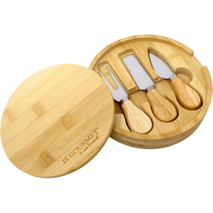 JS Gourmet 2-in-1 Round Cheese Board With 3 Knives Set