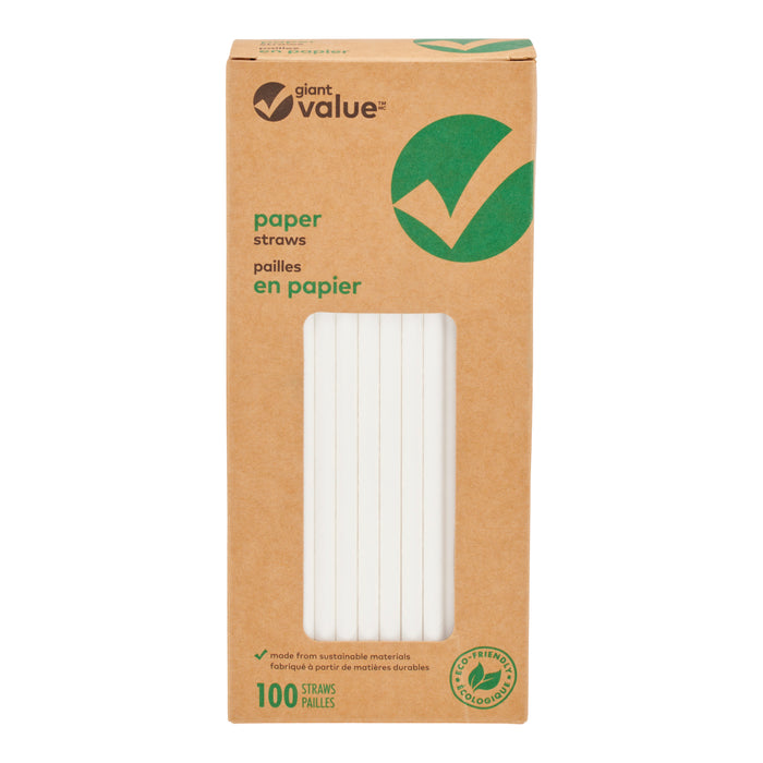 Giant Value 4-Ply Biodegradable Paper Straws, 7.7-in x 0.2-in, White, 100-Pack