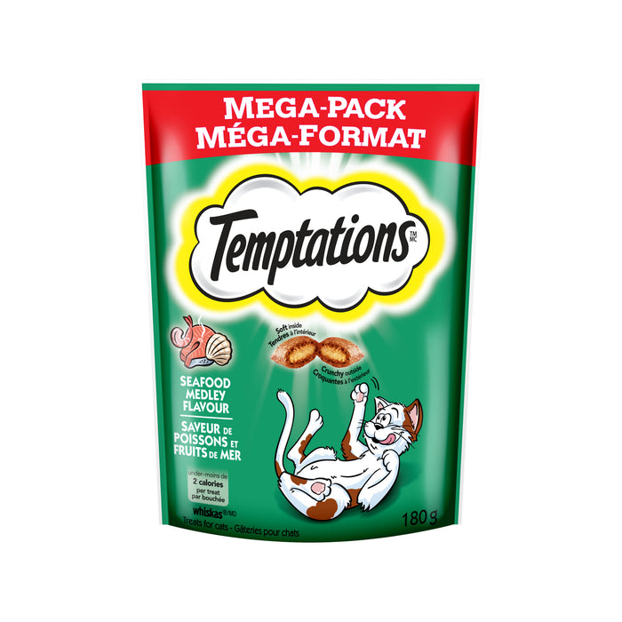 Gâteries pour chats TEMPTATIONS saveur de poissons et fruits de mer en méga-format, sachet de 180 g