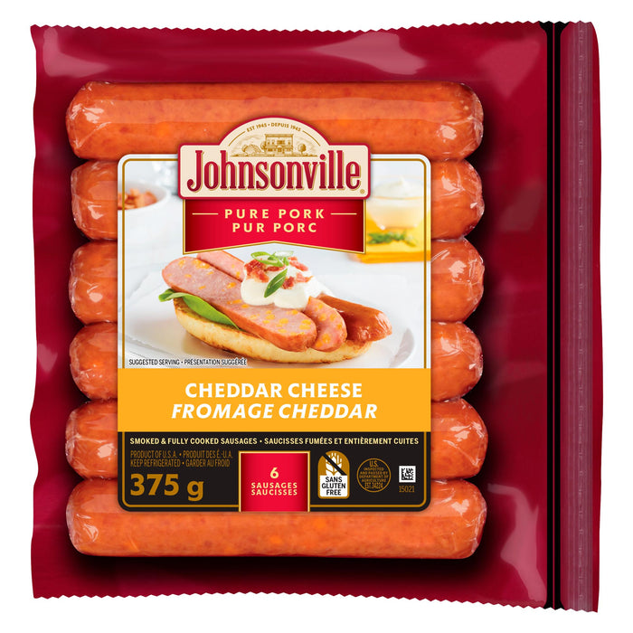 Saucisses au fromage cheddar Porc pur Johnsonville fumées et entièrement cuites, 375 g
