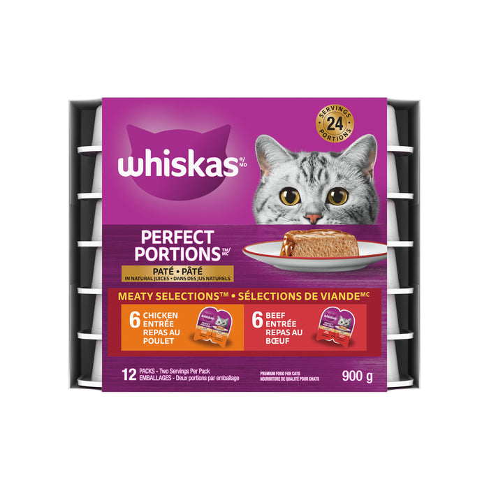 Nourriture humide pour chats adultes WHISKAS PERFECT PORTIONS pâté en format variété, repas au poulet et repas au bœuf, 12 barquettes de 75 g
