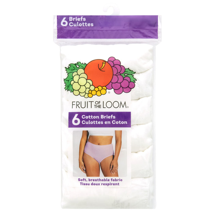 Fruit of the Loom Women's High-Rise Cotton Briefs with Ravel-Free Waistband, White, 6-Pack