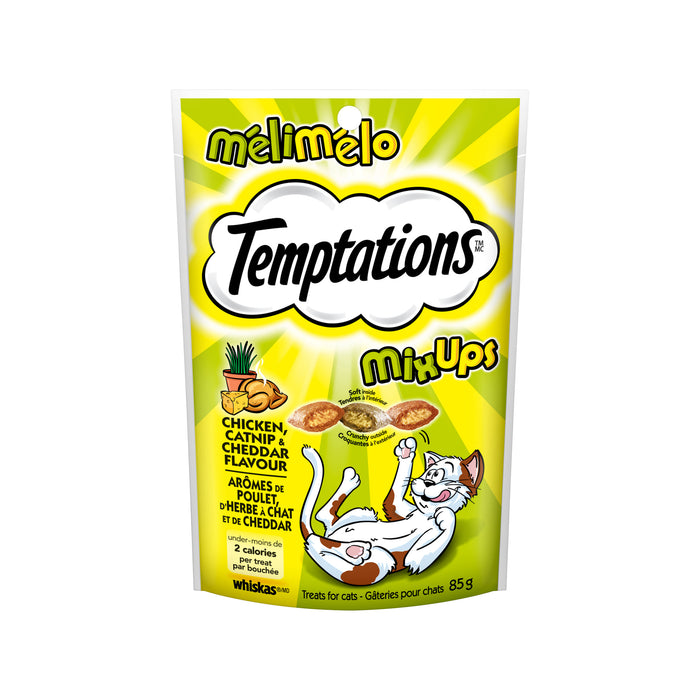 Gâteries pour chats TEMPTATIONS Mélimélo arômes de poulet, d’herbe à chat et de cheddar, sachet de 85 g