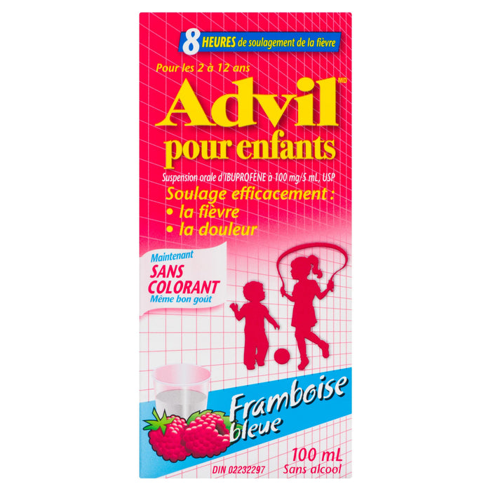 Suspension orale d'ibuprofène framboise bleue à saveur USP Advil pour enfants, 100 ml