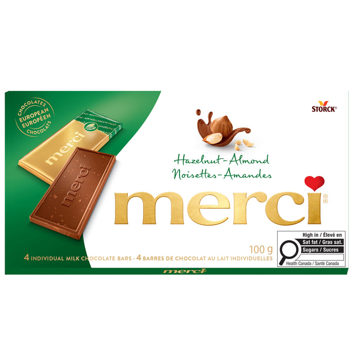 merci Hazelnut-Almond Individual Milk Chocolate Bars, 4-Pack, 100 g