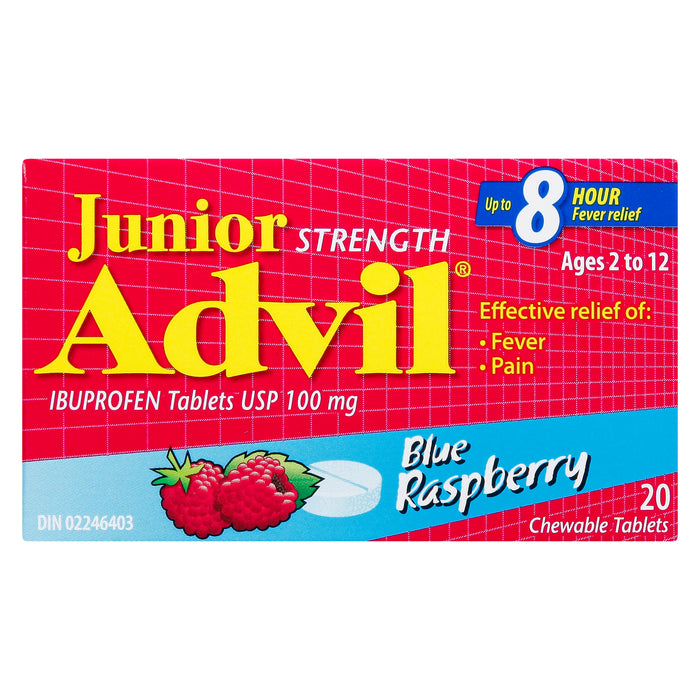 Junior Strength Advil Ibuprofen Chewable Blue Raspberry Tablets USP 100mg - 20 Tablets