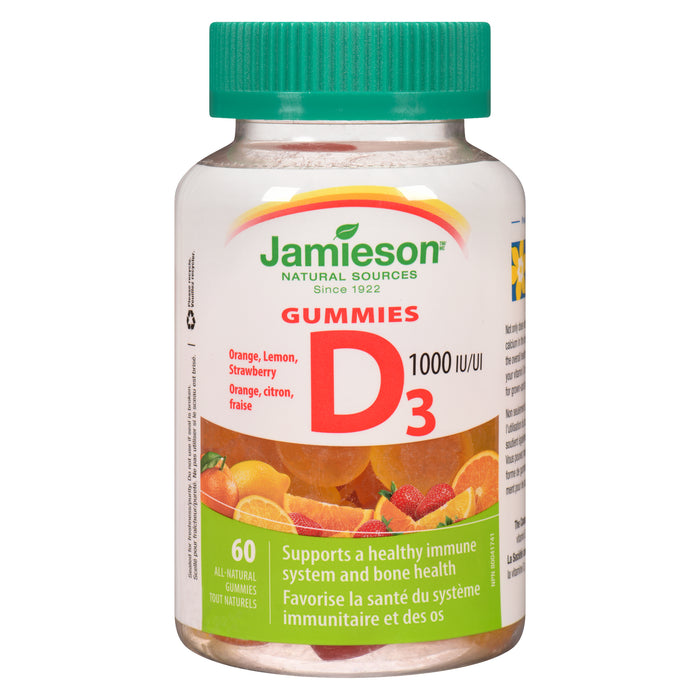 Jamieson Gummies D, Orange, Lemon, Strawberry 1000 IU All-Natural Gummies, 60-Pack
