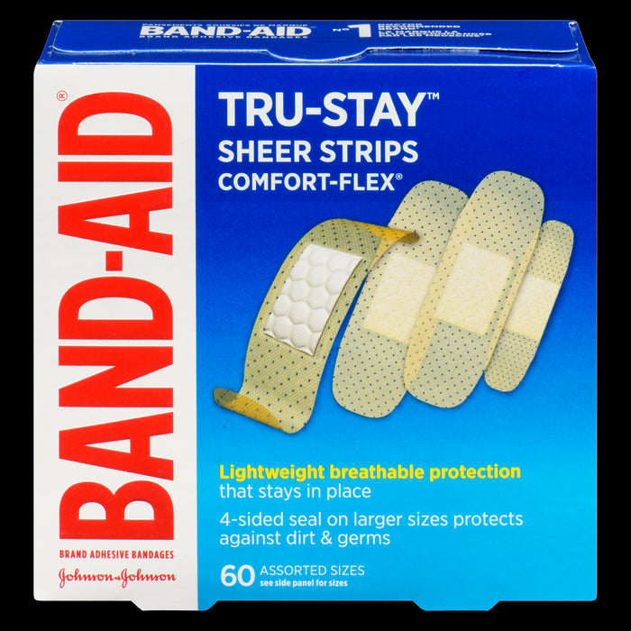 Band-Aid Tru-Stay Brand Adhesive Bandages Sheer Strips Comfort-Flex Assorted Sizes, 60-Pack