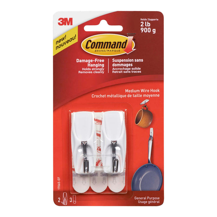 Command Medium Metal and Plastic Wire Hooks, White, 2-Pack