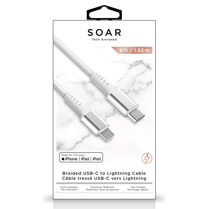 Soar Braided USB-C To Lightning Cable, White, 6-ft.