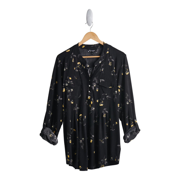 lily morgan Women's Plus Printed 3/4 Sleeve Round Neck Pintuck Top with 1/4 Button Placket