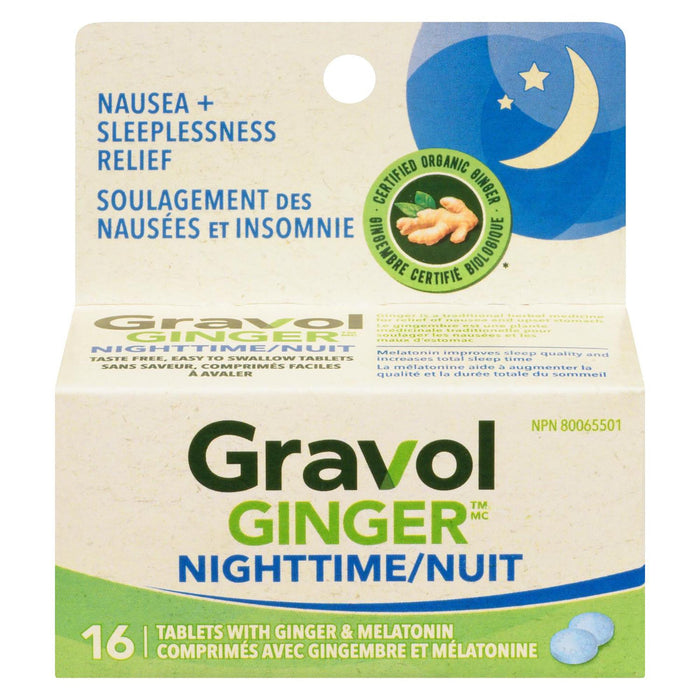 Gravol Ginger Nighttime Tablets with Ginger & Melatonin, 16-Pack