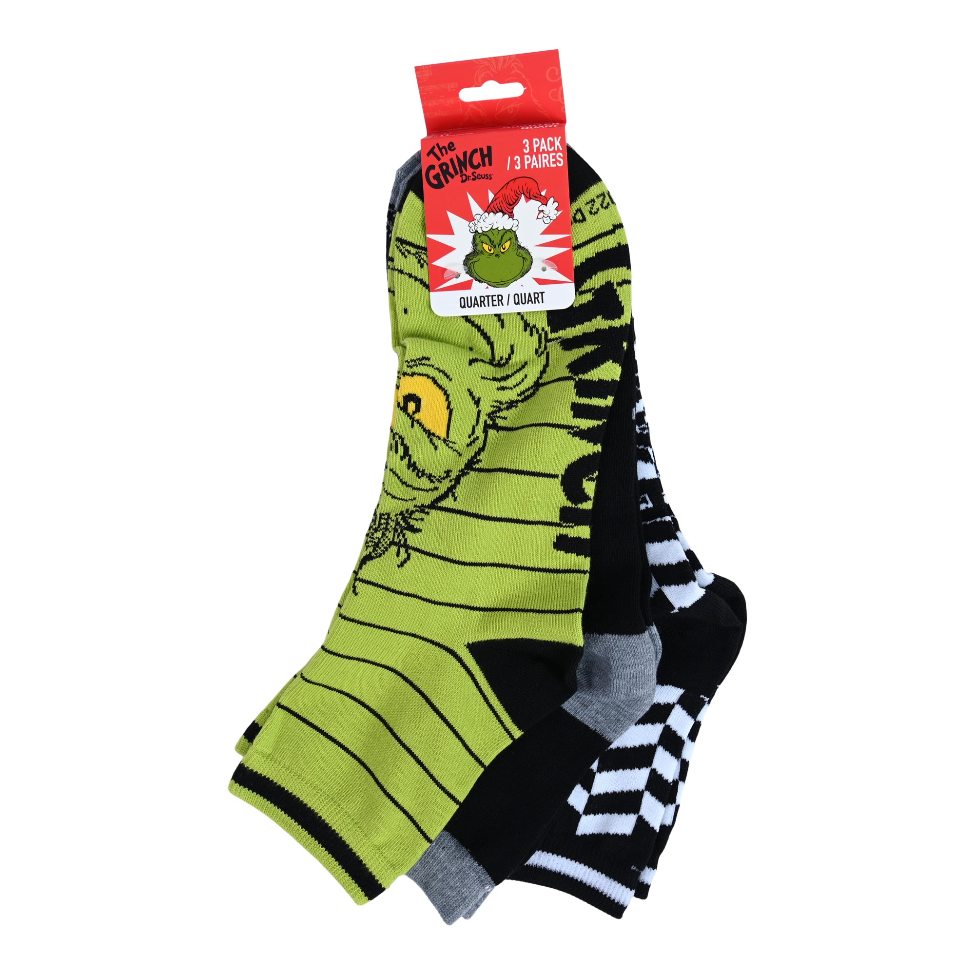 Grinch Licensed Men's Quarter Crew Socks, 3Pack Giant Tiger