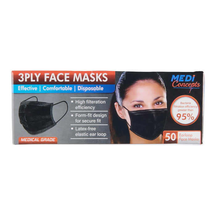 Disposable 3-Ply Face Masks, Black, 50-Pack