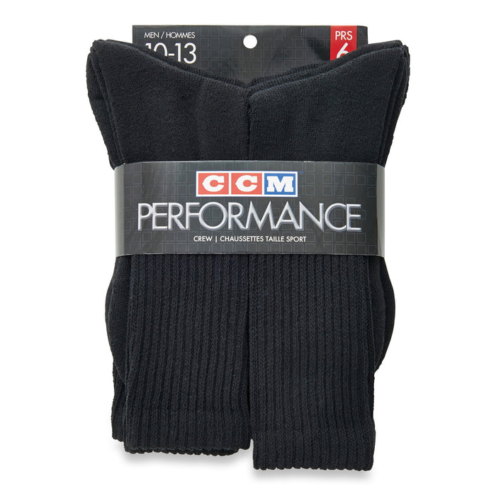 CCM Men's Sport Crew Socks, 10 to 13, Black, 6-Pack