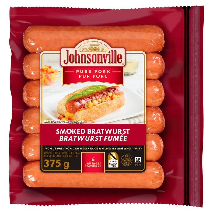 Johnsonville Pure Pork Smoked Bratwurst Sausages 6pk. - 375g