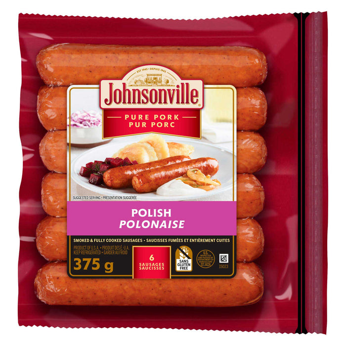 Johnsonville Saucisses Fumées et Entièrement Cuites Pur Porc Polonaise Saucisses, Emballage de 6, 375 g