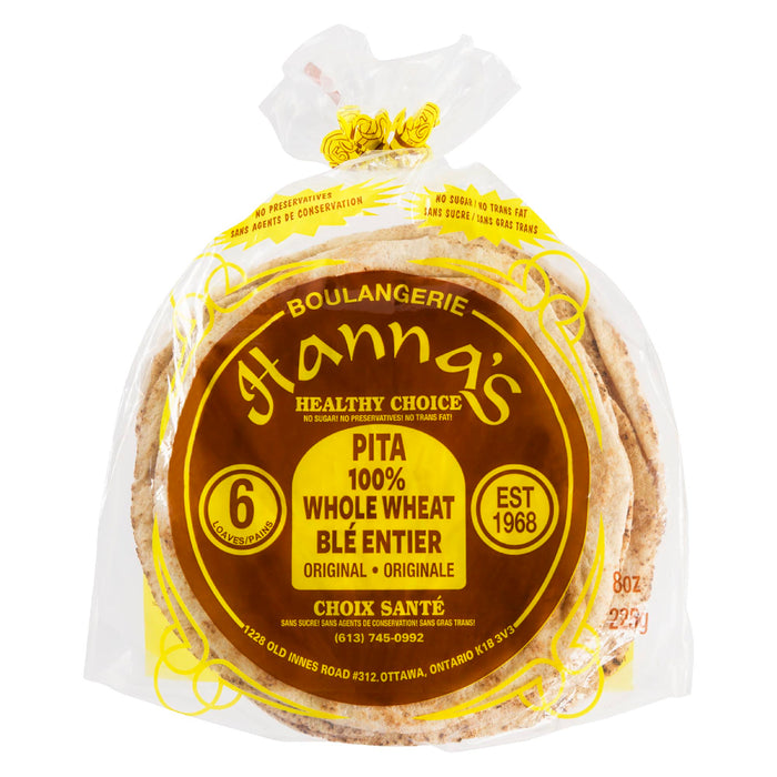 Boulangerie Hanna's Original 100% Whole Wheat Pita, 6-Pack, 225-g
