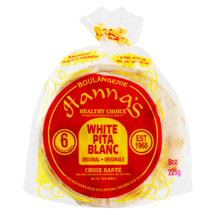 Pita blanc Boulangerie Hanna, original, emballage de 6, 225 g