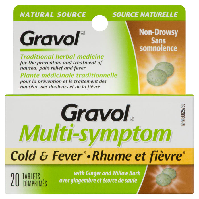 Gravol Multi-Symptom with Ginger and Willow Bark Tablets, 20-Pack