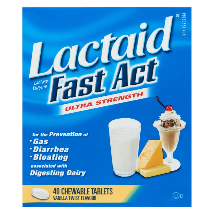 Lactaid Lactase Enzyme Fast Act Ultra Strength Vanilla Twist Flavour Chewable Tablets, 40-Pack