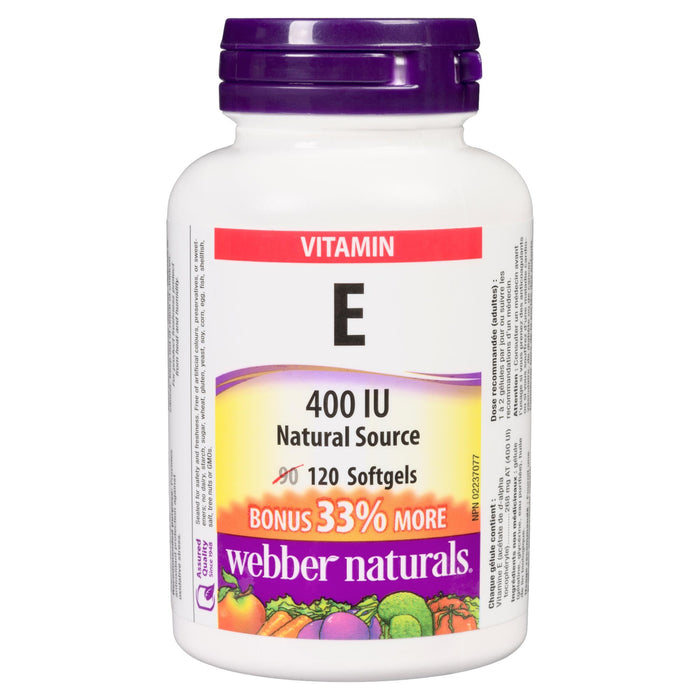 Webber Naturals Vitamine E 400 UI Source Naturelle Gélules, Emballage de 120
