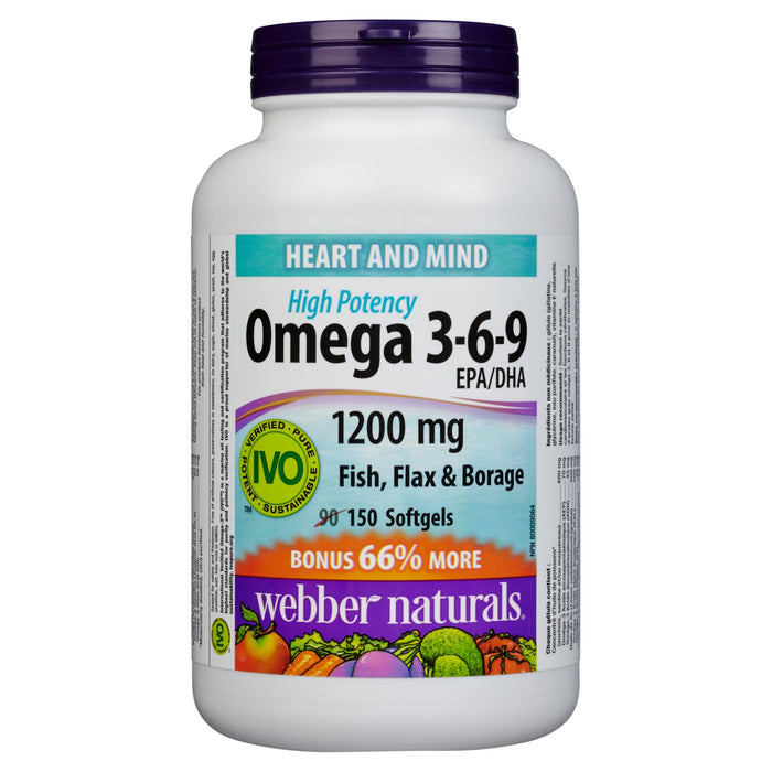 Webber Naturals Heart and Mind High Potency Omega 3-6-9 EPA/DHA 1200-mg Softgels, 150-Pack