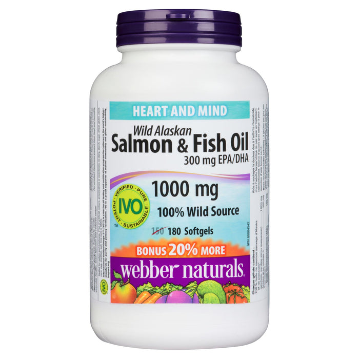 Webber Naturals Sauvage d'Alaska Huile de Poissons et de Saumon 300 mg AEP/ADH 1000 mg Gélules, Emballage de 180