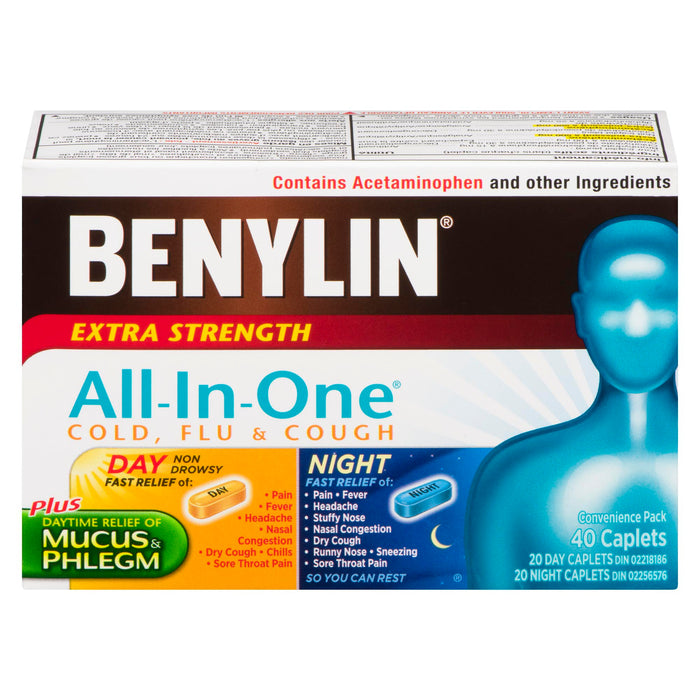 Benylin All-In-One Cold, Flu & Cough Extra Strength Caplets, 40-Pack