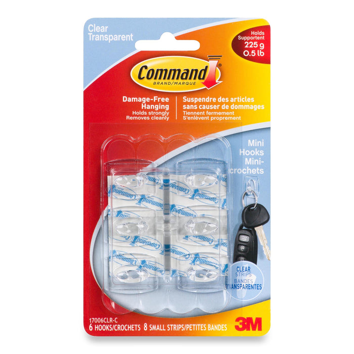 Command Mini Wire Hooks with 8 Strips, Clear, 6-Pack