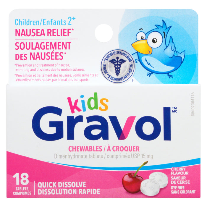 Gravol Kids 18 Cherry Flavour Tablets Dimenhydrinate Tablets, 15-mg