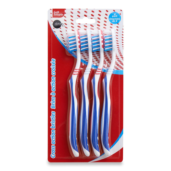 Ditto Cross Action Toothbrush with Soft Bristles, Assorted Colours, 4-Pack